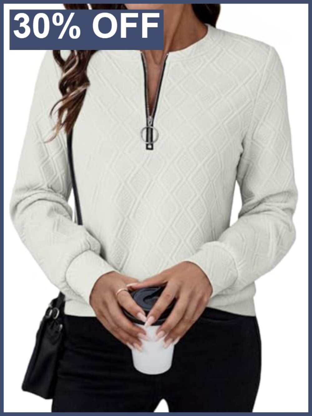 Half Zip Quilted Pullover Sweatshirt Textured Knit Long Sleeve Casual Top